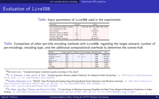 Live variable bitrate encoding Optimized CRF prediction
Evaluation of LiveVBR
Table: Input parameters of LiveVBR used in the experiments.
Parameter Symbol Values
Set of resolutions (height in pixels) R { 360, 432, 540, 720, 1080, 1440, 2160 }
Set of framerates (in fps) F { 30 }
Set of presets P { ultrafast }
Minimum bitrate (in Mbps) bmin 0.145
Maximum bitrate (in Mbps) bmax 16.80
Average target JND vJ {2, 4, 6 }
Maximum VMAF threshold vmax {98, 96,94 }
Table: Comparison of other per-title encoding methods with LiveVBR, regarding the target scenario, number of
per-encodings, encoding type, and the additional computational overhead to determine the convex-hull.
Method Target scenario Number of pre-encodings Encoding type ∆TC
Bruteforce38 VoD ˜
r × c̃ cVBR 4596.77%
Katsenou et al.39 VoD (˜
r − 1) × 2 CQP 120.57%
FAUST40 VoD 1 CBR 48.65%
Bhat et al.41 VoD 1 CBR 67.82%
ORPS Live 0 CBR 0.30%
JBLS Live 0 CBR 0.33%
LiveVBR Live 0 cVBR 0.41%
38
De Cock et al., “Complexity-based consistent-quality encoding in the cloud”.
39
A. V. Katsenou, J. Sole, and D. R. Bull. “Content-gnostic Bitrate Ladder Prediction for Adaptive Video Streaming”. In: 2019 Picture Coding Symposium
(PCS). 2019. doi: 10.1109/PCS48520.2019.8954529.
40
Anatoliy Zabrovskiy et al. “FAUST: Fast Per-Scene Encoding Using Entropy-Based Scene Detection and Machine Learning”. In: 2021 30th Conference of
Open Innovations Association FRUCT. 2021, pp. 292–302. doi: 10.23919/FRUCT53335.2021.9599963. url:
https://doi.org/10.23919/FRUCT53335.2021.9599963.
41
M. Bhat, Jean-Marc Thiesse, and Patrick Le Callet. “A Case Study of Machine Learning Classifiers for Real-Time Adaptive Resolution Prediction in Video
Coding”. In: 2020 IEEE International Conference on Multimedia and Expo (ICME). 2020, pp. 1–6. doi: 10.1109/ICME46284.2020.9102934.
Vignesh V Menon Content-adaptive Video Coding for HTTP Adaptive Streaming 44
 