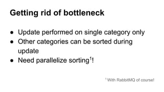 Getting rid of bottleneck
● Update performed on single category only
● Other categories can be sorted during
update
● Need parallelize sorting1
!
1
With RabbitMQ of course!
 