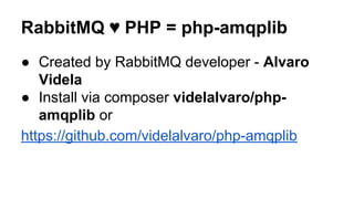 RabbitMQ ♥ PHP = php-amqplib
● Created by RabbitMQ developer - Alvaro
Videla
● Install via composer videlalvaro/php-
amqplib or
https://github.com/videlalvaro/php-amqplib
 