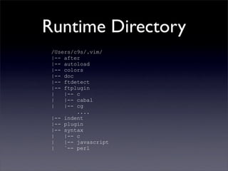 Runtime Directory
 /Users/c9s/.vim/
 |-- after
 |-- autoload
 |-- colors
 |-- doc
 |-- ftdetect
 |-- ftplugin
 |   |-- c
 |   |-- cabal
 |   |-- cg
         ....
 |-- indent
 |-- plugin
 |-- syntax
 |   |-- c
 |   |-- javascript
 |   `-- perl
 
