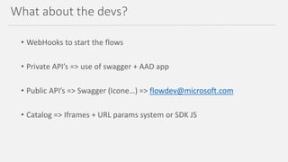 • WebHooks to start the flows
• Private API’s => use of swagger + AAD app
• Public API’s => Swagger (Icone…) => flowdev@microsoft.com
• Catalog => Iframes + URL params system or SDK JS
What about the devs?
 