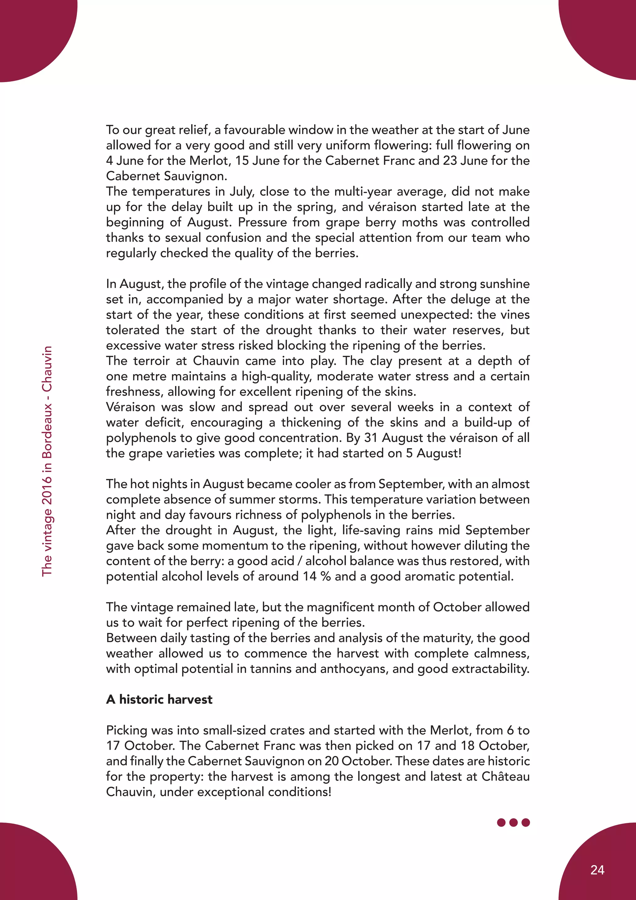 Thevintage2016inBordeaux-Chauvin
To our great relief, a favourable window in the weather at the start of June
allowed for a very good and still very uniform flowering: full flowering on
4 June for the Merlot, 15 June for the Cabernet Franc and 23 June for the
Cabernet Sauvignon.
The temperatures in July, close to the multi-year average, did not make
up for the delay built up in the spring, and véraison started late at the
beginning of August. Pressure from grape berry moths was controlled
thanks to sexual confusion and the special attention from our team who
regularly checked the quality of the berries.
In August, the profile of the vintage changed radically and strong sunshine
set in, accompanied by a major water shortage. After the deluge at the
start of the year, these conditions at first seemed unexpected: the vines
tolerated the start of the drought thanks to their water reserves, but
excessive water stress risked blocking the ripening of the berries.
The terroir at Chauvin came into play. The clay present at a depth of
one metre maintains a high-quality, moderate water stress and a certain
freshness, allowing for excellent ripening of the skins.
Véraison was slow and spread out over several weeks in a context of
water deficit, encouraging a thickening of the skins and a build-up of
polyphenols to give good concentration. By 31 August the véraison of all
the grape varieties was complete; it had started on 5 August!
The hot nights in August became cooler as from September, with an almost
complete absence of summer storms. This temperature variation between
night and day favours richness of polyphenols in the berries.
After the drought in August, the light, life-saving rains mid September
gave back some momentum to the ripening, without however diluting the
content of the berry: a good acid / alcohol balance was thus restored, with
potential alcohol levels of around 14 % and a good aromatic potential.
The vintage remained late, but the magnificent month of October allowed
us to wait for perfect ripening of the berries.
Between daily tasting of the berries and analysis of the maturity, the good
weather allowed us to commence the harvest with complete calmness,
with optimal potential in tannins and anthocyans, and good extractability.
A historic harvest
Picking was into small-sized crates and started with the Merlot, from 6 to
17 October. The Cabernet Franc was then picked on 17 and 18 October,
and finally the Cabernet Sauvignon on 20 October. These dates are historic
for the property: the harvest is among the longest and latest at Château
Chauvin, under exceptional conditions!
24
 