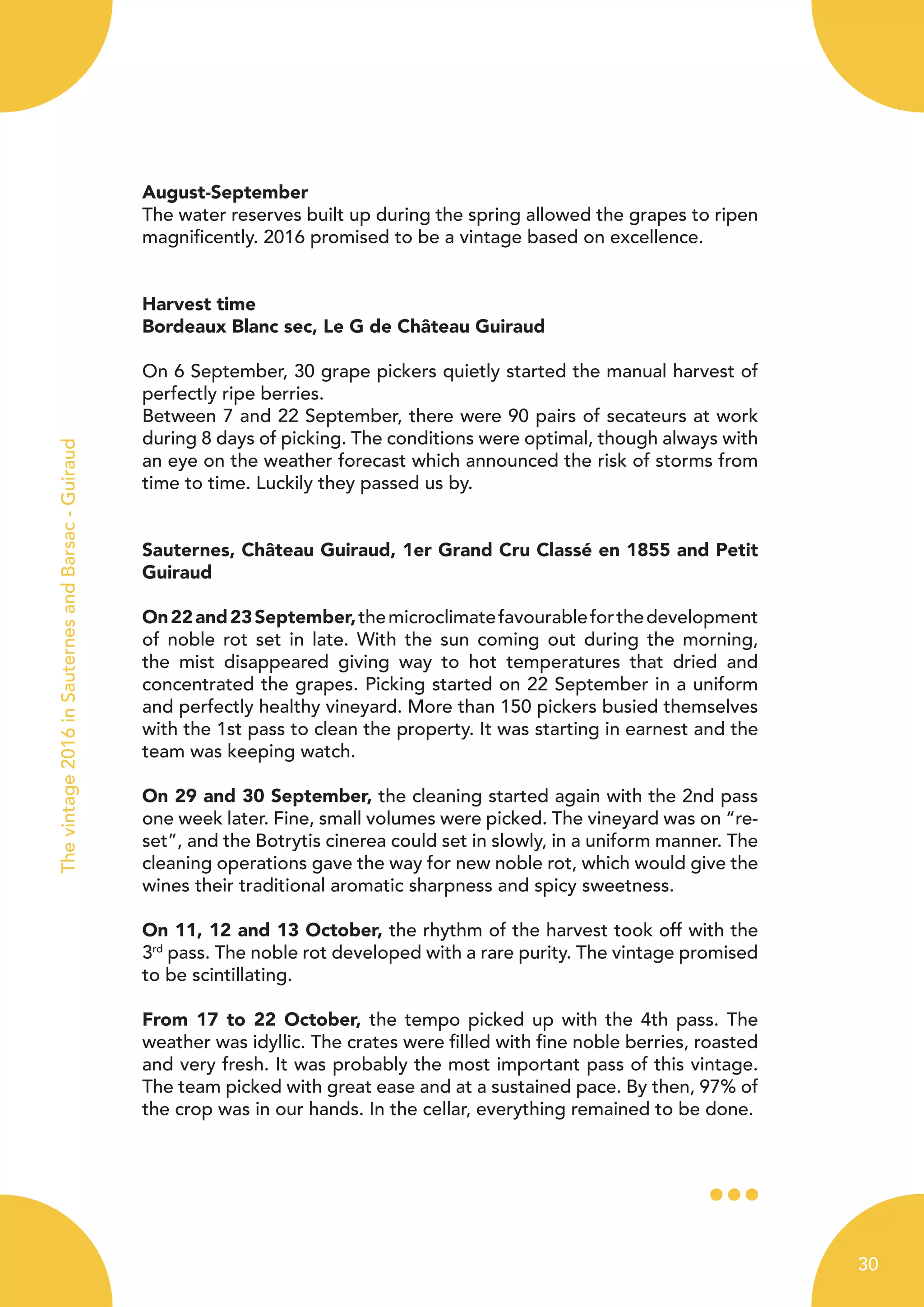 August-September
The water reserves built up during the spring allowed the grapes to ripen
magnificently. 2016 promised to be a vintage based on excellence.
Harvest time
Bordeaux Blanc sec, Le G de Château Guiraud
On 6 September, 30 grape pickers quietly started the manual harvest of
perfectly ripe berries.
Between 7 and 22 September, there were 90 pairs of secateurs at work
during 8 days of picking. The conditions were optimal, though always with
an eye on the weather forecast which announced the risk of storms from
time to time. Luckily they passed us by.
Sauternes, Château Guiraud, 1er Grand Cru Classé en 1855 and Petit
Guiraud
On22and23September,themicroclimatefavourableforthedevelopment
of noble rot set in late. With the sun coming out during the morning,
the mist disappeared giving way to hot temperatures that dried and
concentrated the grapes. Picking started on 22 September in a uniform
and perfectly healthy vineyard. More than 150 pickers busied themselves
with the 1st pass to clean the property. It was starting in earnest and the
team was keeping watch.
On 29 and 30 September, the cleaning started again with the 2nd pass
one week later. Fine, small volumes were picked. The vineyard was on “re-
set”, and the Botrytis cinerea could set in slowly, in a uniform manner. The
cleaning operations gave the way for new noble rot, which would give the
wines their traditional aromatic sharpness and spicy sweetness.
On 11, 12 and 13 October, the rhythm of the harvest took off with the
3rd
pass. The noble rot developed with a rare purity. The vintage promised
to be scintillating.
From 17 to 22 October, the tempo picked up with the 4th pass. The
weather was idyllic. The crates were filled with fine noble berries, roasted
and very fresh. It was probably the most important pass of this vintage.
The team picked with great ease and at a sustained pace. By then, 97% of
the crop was in our hands. In the cellar, everything remained to be done.
Thevintage2016inSauternesandBarsac-Guiraud
30
 