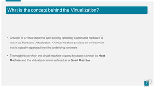 55
What is the concept behind the Virtualization?
• Creation of a virtual machine over existing operating system and hardware is
known as Hardware Virtualization. A Virtual machine provides an environment
that is logically separated from the underlying hardware.
• The machine on which the virtual machine is going to create is known as Host
Machine and that virtual machine is referred as a Guest Machine
 