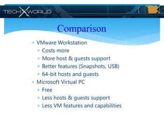  VMware Workstation
 Costs more
 More host & guests support
 Better features (Snapshots, USB)
 64-bit hosts and guests
 Microsoft Virtual PC
 Free
 Less hosts & guests support
 Less VM features and capabilities
Comparison
 