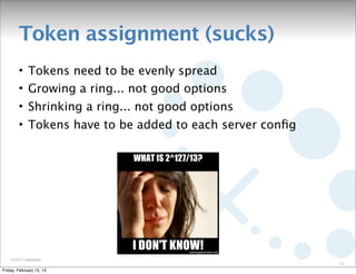 Token assignment (sucks)
        • Tokens need to be evenly spread
        • Growing a ring... not good options
        • Shrinking a ring... not good options
        • Tokens have to be added to each server conﬁg




    ©2012 DataStax
                                                         12
Friday, February 15, 13
 