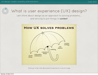 UX design: insight, empathy and evaluation                                                                Vizbi 2013




                  What is user experience (UX) design?
                          Let’s think about design as an approach to solving problems...
                                        and striving to put things in context




                                    Thank you to Dan Willis (@uxcrank) for permission to use this image



Saturday, 23 March 2013
 
