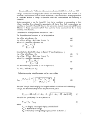 International Journal of VLSI design & Communication Systems (VLSICS) Vol.4, No.3, June 2013
7
voltage, accumulation of charge in this channel and tunnelling of carriers from channel #3 to
channel#2. The maximum value on current in channel#3 is the mutual effect of charge population
in channel#3 because of charge accumulation from bulk semiconductor and tunnelling to
channel#2.
Similar explanation is true for channel#2. Here charge population is corresponding to three
effects: tunnelling from channel#3, accumulation of charge from bulk semiconductor and
tunnelling to channel#1. Channel#1 behaves like a inversion channel in conventional FET, only
difference is charge accumulation effect. Here additional charge accumulation is due to charge
tunnelling form channel#2.
Different circuit model parameters are shown in Table 1.
The threshold voltage in channel ‘a’ can be expressed as
Vtha = Vtha when VGSeff < VqL (a)
Vtha = Vtha + α(VGSeff – VqL) when VGSeff > VqL (b)
where α is a matching parameter and
( )
( )qLq
qLGSeff
VV
VV
−
−
=
1
α (c)
Simmilarly the threshold voltage in channel ‘b’ can be expressed as
Vthb = Vthb when VGSeff < Vq2 (d) (1)
Vthb = Vthb + β(VGSeff – Vq2) when VGSeff > Vq2 (e)
where β is a matching parameter and
( )
( )2
2
qqH
qGSeff
VV
VV
−
−
=β (f)
The threshold voltage in channel ‘c’ can be expressed as
Vthc = Vthc when VGSeff < VqH (g)
Voltage across the polysilicon gate can be expressed as
( )
2
62
62
1
10
22
1
2
10








−
−−
+=
OXgates
fFBGSOXgates
Poly
Cnq
VVCnq
V
ε
ϕε
(h)
Since the voltage across the poly-silicon gate does not exceed the silicon bandgap
voltage, the effective voltage across the poly-silicon gate is
( ) ( )



 +−−+−−−= 12.1..412.112.15.012.1
2
δδδ PolyPolyPolyEff VVV (i)
The effective gate voltage can be expressed as
PolyEffGSGSeff VVV −= (j)
where
ngate is the poly silicon gate doping concentrations
VqL is the transition voltage
Vq1 is the voltage corresponding to peak current in channel 3.
 