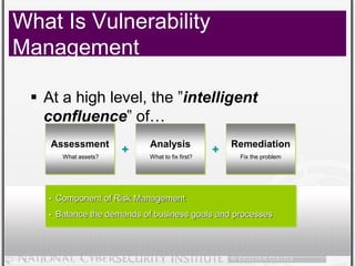 Insider Threat – Analysis and Countermeasures 6
What Is Vulnerability
Management
 At a high level, the ”intelligent
confluence” of…
Assessment
What assets?
Analysis
What to fix first?
Remediation
Fix the problem
+ +
• Component of Risk Management
• Balance the demands of business goals and processes
 