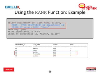 66
Using the RANK Function: Example
SELECT department_id, last_name, salary,
RANK() OVER (PARTITION BY department_id
ORDER BY salary DESC) "Rank"
FROM employees
WHERE department_id = 60
ORDER BY department_id, "Rank", salary;
 