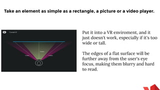 Put it into a VR enviroment, and it
just doesn't work, especially if it's too
wide or tall.
The edges of a flat surface will be
further away from the user's eye
focus, making them blurry and hard
to read.
Take an element as simple as a rectangle, a picture or a video player.
 