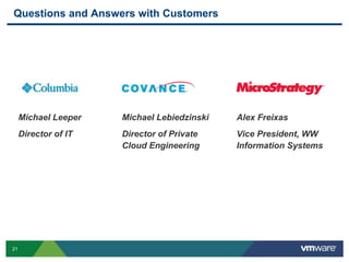 21
Questions and Answers with Customers
Michael Leeper
Director of IT
Michael Lebiedzinski
Director of Private
Cloud Engineering
Alex Freixas
Vice President, WW
Information Systems
 