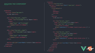 BUILDING THE COMPONENT
<template>
<section class="my-user">
<h1>My User</h1>
<div class="my-user__input">
<label for="firstname">First Name</label>
<input
type="text" id="firstname"
v-model="user.firstName">
</div>
<div class="my-user__input">
<label for="lastname">Last Name</label>
<input
type="text" id="lastname"
v-model="user.lastName">
</div>
<button @click="insertBob()">Insert Bob</button>
</section>
</template>
<template>
<section class="my-user">
<my-user-rl @input:user="$emit('input:user', $event)">
<template
v-slot:default="{
user,
updateUser,
insertBob
}">
<section>
<h1>My User</h1>
<div class="my-user__input">
<label for="firstname">First Name</label>
<input type="text" id="firstname"
:value="user.firstName"
@input="updateUser({ firstName: $event.target.value })" />
</div>
<div class="my-user__input">
<label for="lastname">Last Name</label>
<input type="text" id="lastname"
:value="user.lastName"
@input="updateUser({ lastName: $event.target.value })" />
</div>
<button @click="insertBob()">Insert Bob</button>
</section>
</template>
</my-user-rl>
</section>
</template>
 