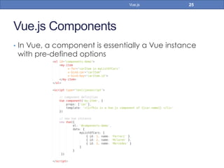 Vue.js Components
•  In Vue, a component is essentially a Vue instance
with pre-defined options
25Vue.js
 