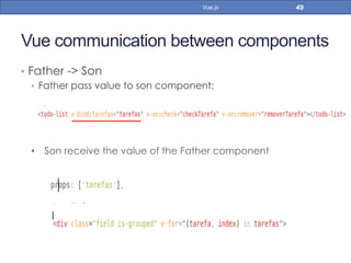 Vue communication between components
•  Father -> Son
•  Father pass value to son component:
49Vue.js
•  Son receive the value of the Father component
 