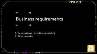 Business requirements
1. Business have to continue operating
2. Time to market
24
 