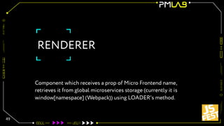 RENDERER
49
Component which receives a prop of Micro Frontend name,
retrieves it from global microservices storage (currently it is
window[namespace] (Webpack)) using LOADER's method.
 