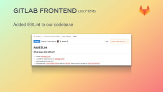 GITLAB FRONTEND (JULY 2016)
Added ESLint to our codebase
 