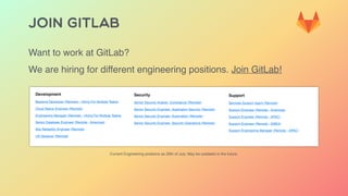 JOIN GITLAB
Want to work at GitLab?
We are hiring for different engineering positions. Join GitLab!
Current Engineering positions as 26th of July. May be outdated in the future.
 