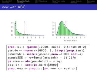 Intro to ABC Simulation Study ABC Algorithms Ising/Potts model Image Analysis Conclusion
now with ABC
π(τ)
0 1 2 3 4 5 6 7
0.00.51.01.5
πε(τ | δ(s(w), s(y)) < ε)
0 1 2 3 4 5 6 7
0.00.10.20.30.4
§
prop tau ← rgamma(10000 , nu0/2 , 0.5 ∗nu0∗ s0 ˆ2)
pseudo ← rnorm (n∗ 10000 , 1 , 1/ sqrt ( prop tau ))
pseudoMx ← matrix ( pseudo , nrow=10000, ncol=n)
pseudoSSD ← rowSums (( pseudoMx − 1)ˆ2)/n
ps norm ← abs ( pseudoSSD − s sq )
e p s i l o n ← sort ( ps norm ) [ 2 0 0 0 ]
prop keep ← prop tau [ ps norm <= e p s i l o n ]
 