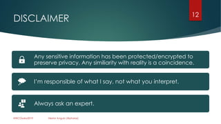 DISCLAIMER 12
#WCOsaka2019 Nestor Angulo (@pharar)
Any sensitive information has been protected/encrypted to
preserve privacy. Any similiarity with reality is a coincidence.
I’m responsible of what I say, not what you interpret.
Always ask an expert.
 