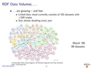 RDF and Semantic Web 
RDF is a language for the conceptual modeling of information 
about resources (web resources in our context) 
A building block of semantic web 
Facilitates exchange of information 
Search engine results can be more focused and structured 
Facilitates data integration (mashes) 
Machine understandable 
Understand the information on the web and the 
interrelationships among them 
PKU/2014-08-28 9 
 