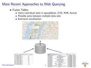 More Recent Approaches to Web Querying 
Fusion Tables 
Users contribute data in spreadsheet, CVS, KML format 
Possible joins between multiple data sets 
Extensive visualization 
PKU/2014-08-28 8 
 