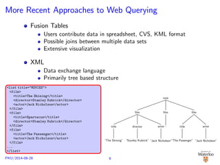 More Recent Approaches to Web Querying 
Fusion Tables 
Users contribute data in spreadsheet, CVS, KML format 
Possible joins between multiple data sets 
Extensive visualization 
XML 
Data exchange language 
Primarily tree based structure 
list title=MOVIES 
film 
titleThe Shining/title 
directorStanley Kubrick/director 
actorJack Nicholson/actor 
/film 
film 
titleSpartacus/title 
directorStanley Kubrick/director 
/film 
film 
titleThe Passenger/title 
actorJack Nicholson/actor 
/film 
... 
/list 
root 
 