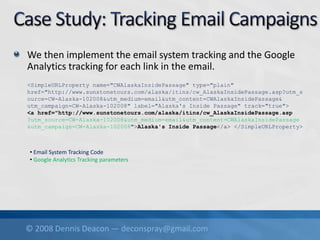 © 2008 Dennis Deacon — deconspray@gmail.com
We then implement the email system tracking and the Google
Analytics tracking for each link in the email.
<SimpleURLProperty name="CWAlaskaInsidePassage" type="plain"
href="http://www.sunstonetours.com/alaska/itins/cw_AlaskaInsidePassage.asp?utm_s
ource=CW-Alaska-102008&utm_medium=email&utm_content=CWAlaskaInsidePassage&
utm_campaign=CW-Alaska-102008" label="Alaska's Inside Passage" track="true">
<a href="http://www.sunstonetours.com/alaska/itins/cw_AlaskaInsidePassage.asp
?utm_source=CW-Alaska-102008&utm_medium=email&utm_content=CWAlaskaInsidePassage
&utm_campaign=CW-Alaska-102008">Alaska's Inside Passage</a> </SimpleURLProperty>
• Email System Tracking Code
• Google Analytics Tracking parameters
 