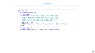 Backgrounds
profile %>%
pull(Background) %>%
fct_collapse(
Bureaucrats = c("IAS officer", "ICS officer",
"Indian Administrative Service (IAS) officer",
"Indian Audit and Accounts Service officer",
"Indian Civil Service (ICS) officer"),
`No Info` = c(""),
`RBI Officer` = c("Career Reserve Bank of India officer")
) %>%
fct_count() %>%
rename(background = f, count = n) -> backgrounds
48
 