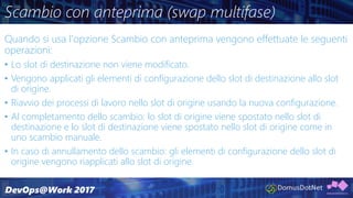 Scambio con anteprima (swap multifase)
Quando si usa l'opzione Scambio con anteprima vengono effettuate le seguenti
operazioni:
• Lo slot di destinazione non viene modificato.
• Vengono applicati gli elementi di configurazione dello slot di destinazione allo slot
di origine.
• Riavvio dei processi di lavoro nello slot di origine usando la nuova configurazione.
• Al completamento dello scambio: lo slot di origine viene spostato nello slot di
destinazione e lo slot di destinazione viene spostato nello slot di origine come in
uno scambio manuale.
• In caso di annullamento dello scambio: gli elementi di configurazione dello slot di
origine vengono riapplicati allo slot di origine.
 