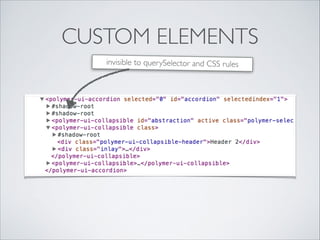 CUSTOM ELEMENTS
invisible to querySelector and CSS rules
 