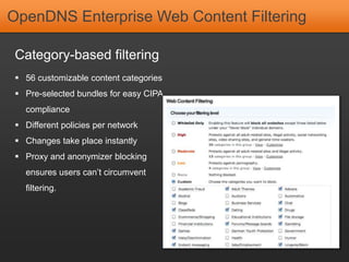 OpenDNS Enterprise Web Content Filtering

 Category-based filtering
  56 customizable content categories
  Pre-selected bundles for easy CIPA
   compliance
  Different policies per network
  Changes take place instantly
  Proxy and anonymizer blocking
   ensures users can’t circumvent
   filtering.
 