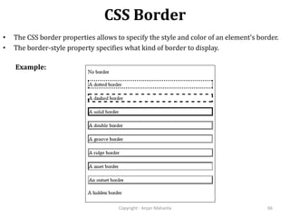 CSS Border
Copyright - Anjan Mahanta 66
• The CSS border properties allows to specify the style and color of an element's border.
• The border-style property specifies what kind of border to display.
Example:
 