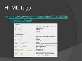 HTML Tags
 http://www.webmonkey.com/2010/02/ht
ml_cheatsheet/
 