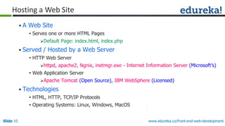 Slide 10 www.edureka.co/front-end-web-development
Hosting a Web Site
 A Web Site
• Serves one or more HTML Pages
Default Page: index.html, index.php
 Served / Hosted by a Web Server
• HTTP Web Server
httpd, apache2, Ngnix, inetmgr.exe - Internet Information Server (Microsoft’s)
• Web Application Server
Apache Tomcat (Open Source), IBM WebSphere (Licensed)
 Technologies
• HTML, HTTP, TCP/IP Protocols
• Operating Systems: Linux, Windows, MacOS
 