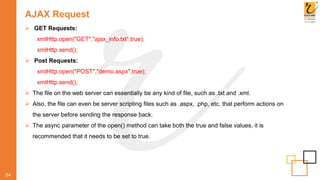 AJAX Request
 GET Requests:
xmlHttp.open("GET","ajax_info.txt",true);
xmlHttp.send();
 Post Requests:
xmlHttp.open("POST","demo.aspx",true);
xmlHttp.send();
 The file on the web server can essentially be any kind of file, such as .txt and .xml.
 Also, the file can even be server scripting files such as .aspx, .php, etc. that perform actions on
the server before sending the response back.
 The async parameter of the open() method can take both the true and false values, it is
recommended that it needs to be set to true.
04
 