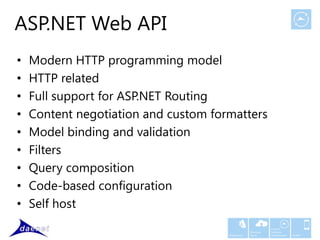 ASP.NET Web API
•   Modern HTTP programming model
•   HTTP related
•   Full support for ASP.NET Routing
•   Content negotiation and custom formatters
•   Model binding and validation
•   Filters
•   Query composition
•   Code-based configuration
•   Self host
                                                             Custom
                                                   Windows   Software
                                      Middleware   Azure     Development   Mobile
 