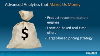 Advanced Analytics that Makes Us Money
• Product recommendation

$
6
6

engines
• Location-based real-time
offers
• Target-based pricing strategy

 