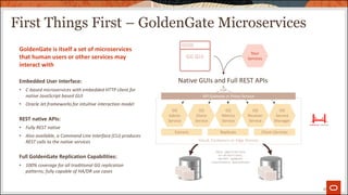First Things First – GoldenGate Microservices
20
data replications
bi-directional
ms/sec updates
consistency guarantees
Cloud, Containers or Edge Devices
Extracts Replicats Client Libraries
Native GUIs and Full REST APIs
API Gateway or Proxy Service
GG GUI
GoldenGate is itself a set of microservices
that human users or other services may
interact with
Embedded User Interface:
• C-based microservices with embedded HTTP client for
native JavaScript based GUI
• Oracle Jet frameworks for intuitive interaction model
REST native APIs:
• Fully REST native
• Also available, a Command Line Interface (CLI) produces
REST calls to the native services
Full GoldenGate Replication Capabilities:
• 100% coverage for all traditional GG replication
patterns; fully capable of HA/DR use cases
GG
Admin
Service
GG
Distro
Service
GG
Metrics
Service
GG
Receiver
Service
GG
Service
Manager
Your
Services
 