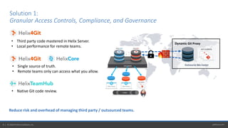 perforce.com8 | © 2020 Perforce Software, Inc.
Solution 1:
Granular Access Controls, Compliance, and Governance
• Third party code mastered in Helix Server.
• Local performance for remote teams.
Reduce risk and overhead of managing third party / outsourced teams.
• Native Git code review.
• Single source of truth.
• Remote teams only can access what you allow.
Outsource Dev Center
Dynamic Git Proxy
 