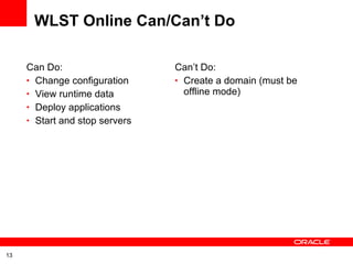WLST Online Can/Can’t Do Can Do: Change configuration View runtime data Deploy applications Start and stop servers Can’t Do: Create a domain (must be offline mode) 