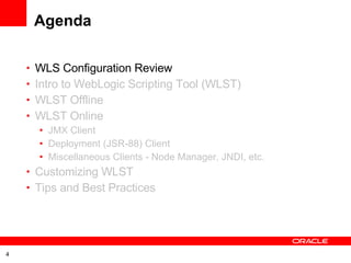 Agenda WLS Configuration Review Intro to WebLogic Scripting Tool (WLST) WLST Offline WLST Online JMX Client Deployment (JSR-88) Client Miscellaneous Clients - Node Manager, JNDI, etc. Customizing WLST Tips and Best Practices 