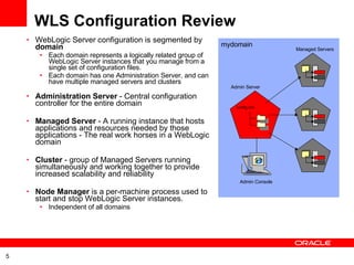 WLS Configuration Review WebLogic Server configuration is segmented by  domain Each domain represents a logically related group of WebLogic Server instances that you manage from a single set of configuration files. Each domain has one Administration Server, and can have multiple managed servers and clusters Administration Server  - Central configuration controller for the entire domain Managed Server  - A running instance that hosts applications and resources needed by those applications - The real work horses in a WebLogic domain Cluster  - group of Managed Servers running simultaneously and working together to provide increased scalability and reliability  Node Manager  is a per-machine process used to start and stop WebLogic Server instances.  Independent of all domains mydomain Admin Server Managed Servers config.xml Admin Console 