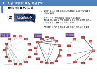 I.

소셜 미디어의 특징 및 영향력
10.26 재보궐 선거 사례
•

(2)

페이스북에서 이름이 동시에 언급되는 이름 연결망을 구
성하여 분석

•

초반에는 두 후보자가 비슷하게 언급되다가,
중반에 접어들자 박원순 지지자들과 박원순이 언급되면서
나경원 후보자 지지자가 안보이게 되고,
종반에는 박원순 중심으로 네트워크가 재편되며 종결됨

 