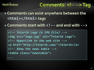 Comments: <!-- -->Tag
 Comments can exist anywhere between the
<html></html> tags
 Comments start with <!-- and end with -->
36
<!–- Telerik Logo (a JPG file) -->
<img src="logo.jpg" alt=“Telerik Logo">
<!–- Hyperlink to the web site -->
<a href="http://telerik.com/">Telerik</a>
<!–- Show the news table -->
<table class="newstable">
...
 