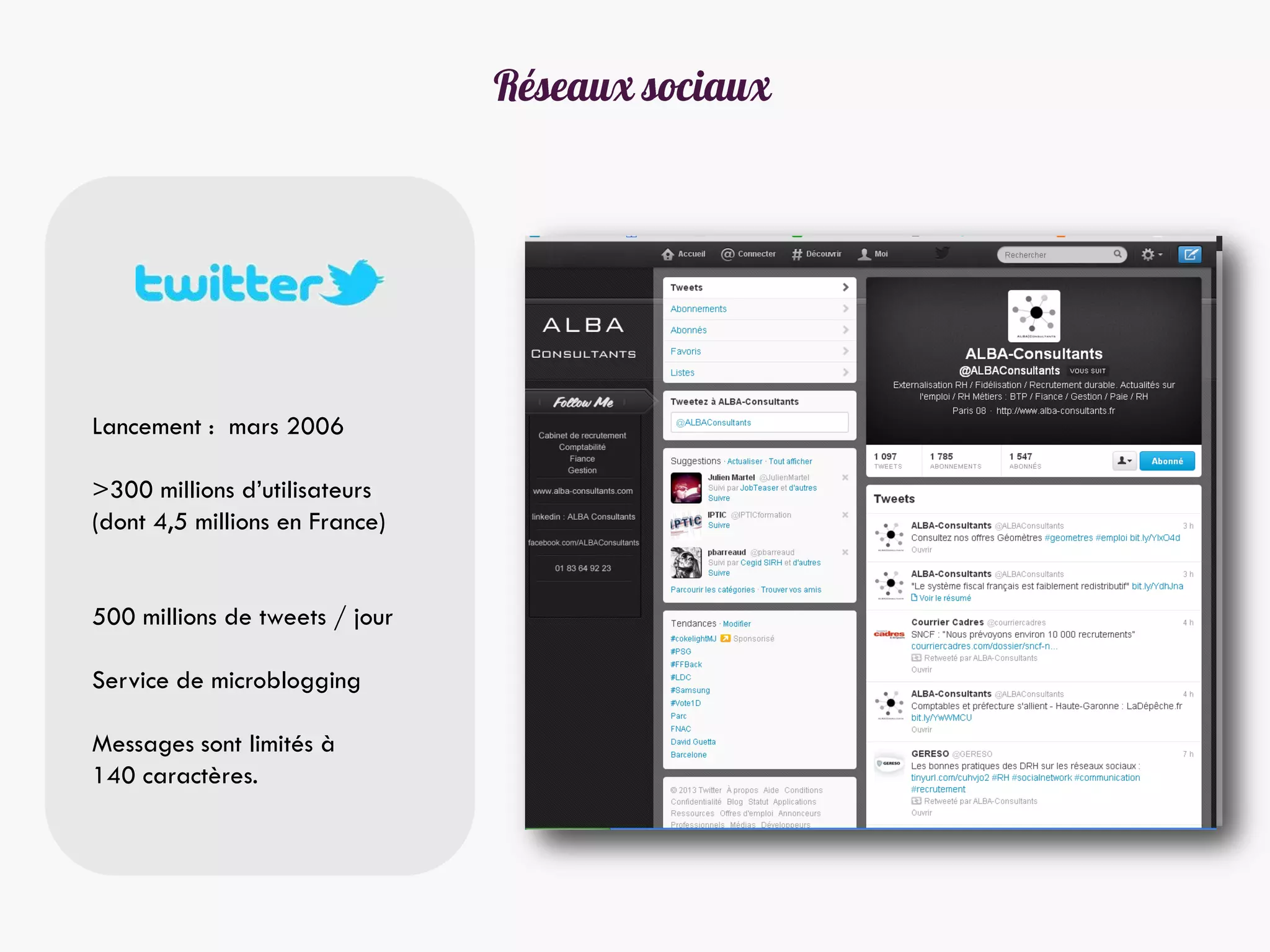 Lancement : mars 2006
>300 millions d’utilisateurs
(dont 4,5 millions en France)
500 millions de tweets / jour
Service de microblogging
Messages sont limités à
140 caractères.
 