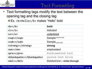 © Bharati Vidyapeeth’s Institute of Computer Applications and Management, New Delhi-63, by Dr. Shivendra Goel , Associate Professor
U1. 33
Text FormattingText Formatting
• Text formatting tags modify the text between the
opening tag and the closing tag
Ex. <b>Hello</b> makes “Hello” bold
33
 
