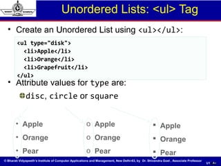© Bharati Vidyapeeth’s Institute of Computer Applications and Management, New Delhi-63, by Dr. Shivendra Goel , Associate Professor
U1. 44
Unordered Lists: <ul> Tag
• Create an UUnordered LList using <ul></ul>:
• Attribute values for type are:
disc, circle or square
44
• Apple
• Orange
• Pear
o Apple
o Orange
o Pear
 Apple
 Orange
 Pear
<ul type="disk"><ul type="disk">
<li>Apple</li><li>Apple</li>
<li>Orange</li><li>Orange</li>
<li>Grapefruit</li><li>Grapefruit</li>
</ul></ul>
 