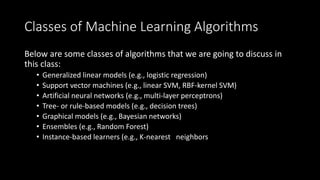 Classes of Machine Learning Algorithms
Below are some classes of algorithms that we are going to discuss in
this class:
• Generalized linear models (e.g., logistic regression)
• Support vector machines (e.g., linear SVM, RBF-kernel SVM)
• Artificial neural networks (e.g., multi-layer perceptrons)
• Tree- or rule-based models (e.g., decision trees)
• Graphical models (e.g., Bayesian networks)
• Ensembles (e.g., Random Forest)
• Instance-based learners (e.g., K-nearest neighbors
 
